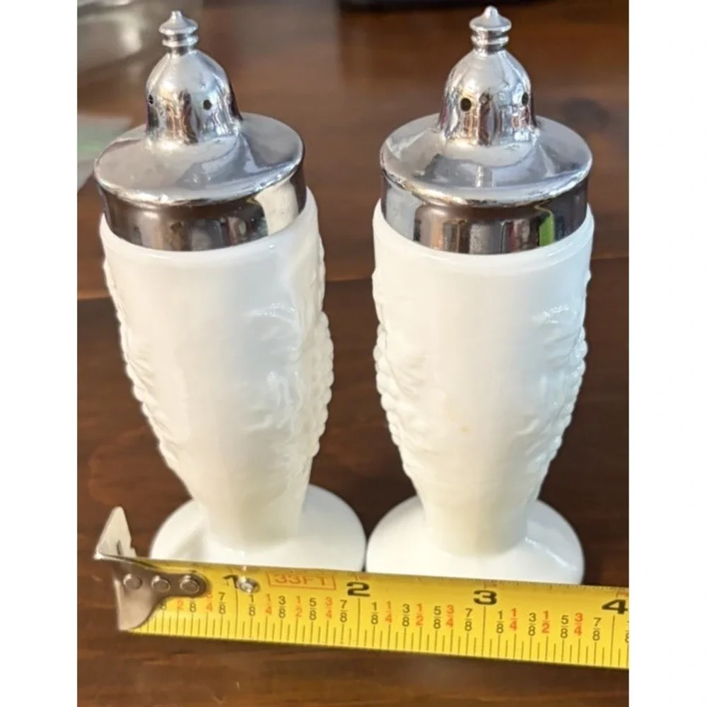 Vintage Milk Glass Grape Vine Footed Salt Pepper Shakers Chrome Tops 5in